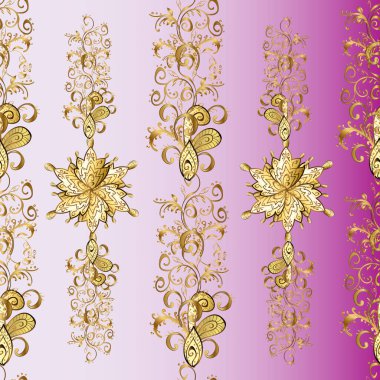 Kusursuz kraliyet lüksü, altın barok kumaş rengi. Kusursuz desenli altın antika ortaçağ dekoratifi, yapraklar ve altın desenli süslemeler..