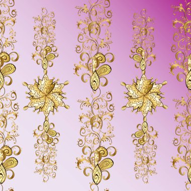 Altın çiçekli, pürüzsüz desen. Barok tarzında altın çiçekli süs. Damask arkaplanı. Bir renkteki altın element.