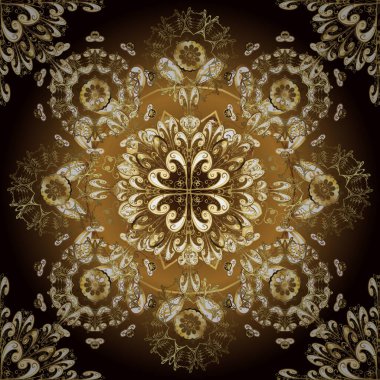 Altından yapılmış klasik barok çiçeksiz desenler. Lüks, kraliyet ve Viktorya dönemi konsepti. Renklerdeki altın element. Süsleme vektör dekorasyonu.