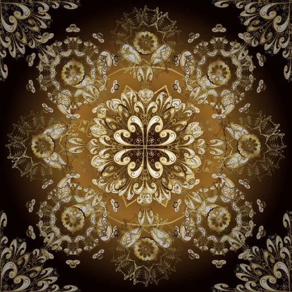 Altından yapılmış klasik barok çiçeksiz desenler. Lüks, kraliyet ve Viktorya dönemi konsepti. Renklerdeki altın element. Süsleme vektör dekorasyonu.