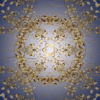 Altın karalama fantezi yapraklarından vektör soyut çiçek çelengi ve mavi, nötr ve bej renkli bir çiçek. El yapımı dekoratif çerçeve, albüm kapağı, tebrik kartı, klasik Art deco tarzı.