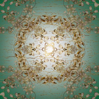 Tarafsız, mavi ve bej renklerde, altın elementli klasik, pürüzsüz desen. Vektör illüstrasyonu.