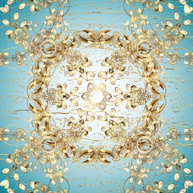 Çiçek deseni. Duvar kâğıdı barok, İspanyol kumaşı. Kusursuz vektör arkaplanı. Altın elementler mavi, nötr ve bej renklerde. Şekil grafik deseni.