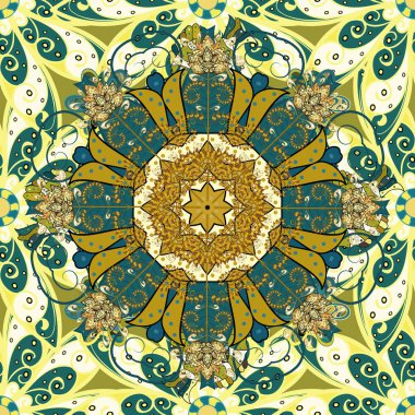 Mavi, yeşil ve sarı renklerde renkli mandala logosu. Birçok taç yaprağı çiçekli kutsal geometrik sembol.