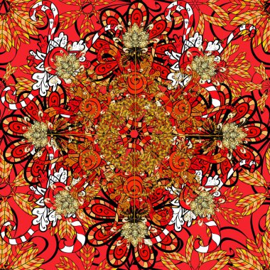 İslam, Arapça, Hintçe, Türkçe, Pakistanca, Çince, sedirce motifleri. Turuncu, kırmızı ve siyah renkli Mandalalar. Klasik dekoratif elementler. Doğulu desen.