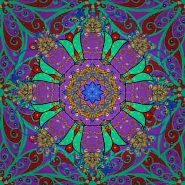 Yeşil, mor ve kırmızı renkte renkli mandala. Mandala tarzı. Vektör çizimi. Zengin etnik çizgili dikişsiz geometrik tasarım.