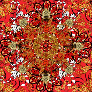 Vektör Doğu, İslam, Hintli, motif. Etnik doku. Kırmızı, turuncu ve siyah renklerde klasik dekoratif süs. Doğu, simetri danteli, kumaş, duvar kağıdı. Renkli mandala deseni, Arapça arka plan.