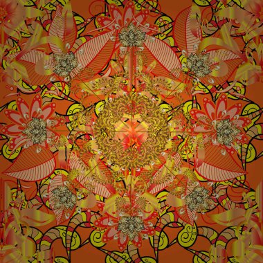 Bohem dekoratif unsur, kına tasarımı, vektör retro daire süsü. Tibet yogası için soyut sanat çiçeği deseni. Mandala, kırmızı, turuncu ve sarı renkli bir madalyonlu kabile eskizi..