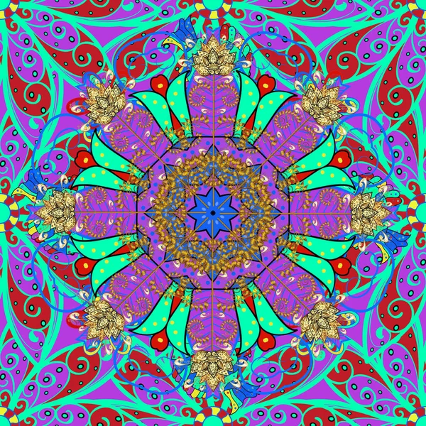 Mandala Coloré Ornement Rond Motif Sur Violet Couleurs Rouges Vertes — Image vectorielle