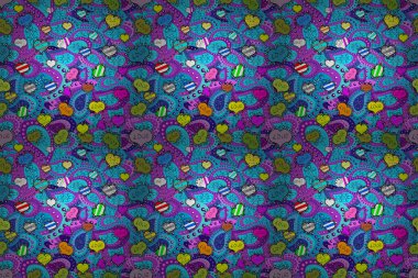 Sevimli kalpler menekşe renginde, mavi ve siyah renkler güzel arka planda. Kusursuz 60 'lar tarzı pop sanatı psikedelik renkli aşk metni tasarımı. Raster illüstrasyonu.