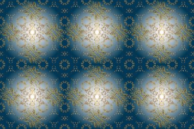 Vektör doğu süsü. Kusursuz altın desen. Altın desenli mavi, nötr ve sarı renkler altın elementlerle.