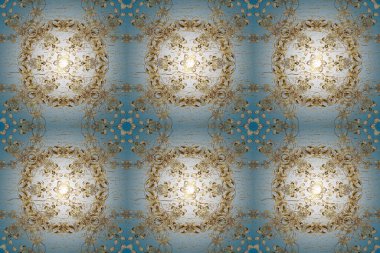 Kusursuz desenli oryantal süs. Raster altın tekstil baskısı. İslam tasarımı. Çiçek kiremitleri. Tarafsız, beyaz ve mavi renklerde altın desenli altın elementler.