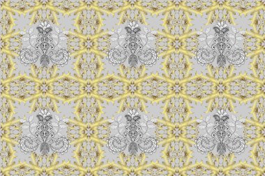 Kusursuz desenli altın elementler. Altın şablon. Klasik çiçek dokusu. Sarı, gri ve nötr renklerin kraliyet retro 'su. Kart, duvar kağıdı, ambalaj, tekstil için klasik tasarım.