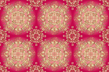 Doku arka planında altın duvar kâğıdı. Damask kusursuz yinelenen arkaplan. Barok tarzında altın çiçekli süs. Kırmızı, pembe ve kahverengi renklerde altın element.