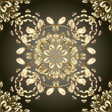 Gri, yeşil ve kahverengi renklerde, kusursuz desenli, altın renginde bir çiçek. Süsleme.