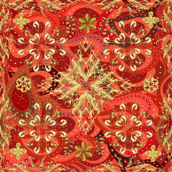 花の装飾は 金の要素と赤 茶色とオレンジの色に花のパターンを持つ繊維パターン ガラス 金属を錦 古典的な黄金のシームレスパターン — ストック写真