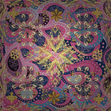 Pembe, nötr ve mavi renklerde altın element. Barok tarzında altın çiçekli süs. Damask pürüzsüz yineleme kalıbı. Antika altın tekrarlanabilir duvar kağıdı.