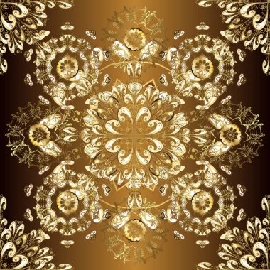 Kahverengi, bej ve sarı renklerdeki altın desenli altın elementler. Barok tarzında duvar kağıdı tasarımı için kusursuz damaske deseni arkaplanı. Süsleme vektör dekorasyonu.