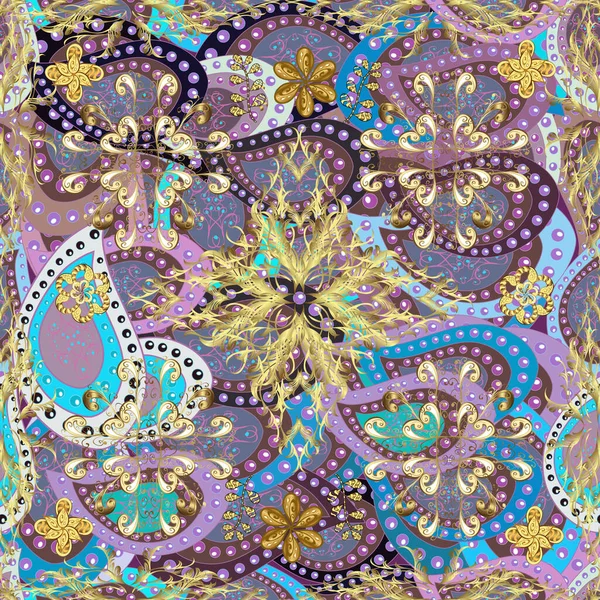 Vektör Altın Tekstil Izi Çiçek Kiremitleri Kusursuz Desenli Oryantal Süs — Stok Vektör