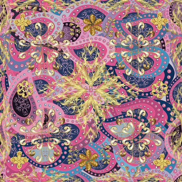 Pembe, nötr ve mavi renklerdeki altın desenli altın elementler. Süslü dekorasyon. Vector vintage barok çiçeksiz altın desenli. Lüks, kraliyet ve Viktorya dönemi konsepti.