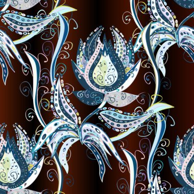 Egzotik çiçekler, kahverengi, nötr ve mavi renkler üzerine botanik, parlak klasik doğa. Klasik tropikal doğal elementlerin suluboya seti.