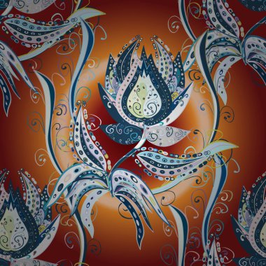 Mavi, turuncu ve kırmızı renkte çiçekler. Düz Çiçek Elementleri Tasarımı. Şirin çiçek vektör deseni. Renkli Bahar Teması Kusursuz Arkaplan.