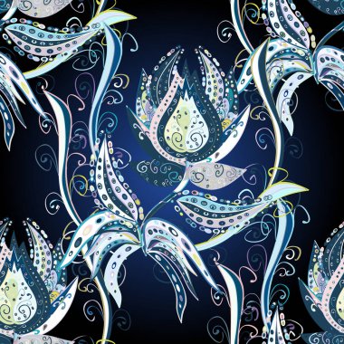 Klasik çiçek tasarımı elementleri. Vektör çizimi. Tarafsız, mavi ve siyah kıvırcık çiçekler tarafsız, mavi ve siyah renklerde şekillenir.