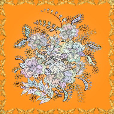 Vektör çizimi. Turuncu, tarafsız ve sarı renkli yaz çiçekleri. Vektör deseni. Küçük çiçekte sevimli çiçek deseni var..