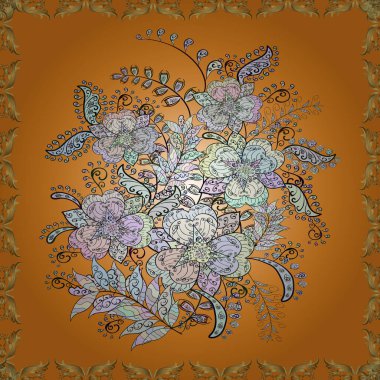 Çiçeksiz desenli, suluboya elle çizilmiş elementler. Parlak renkli fantezi çiçekleri, yapraklar, tomurcuklar nötr, sarı ve turuncu renklerde, nötr, sarı ve turuncu.