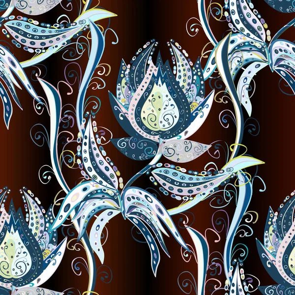 Vektör illüstrasyonunda kusursuz çiçek deseni. Renkli Bahar Temalı Kusursuz Arkaplan. Tarafsız, mavi ve kahverengi renkte çiçekler. Düz Çiçek Elementleri Tasarımı.