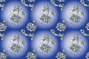 Renkli Yaz Temalı Kusursuz Arkaplan. Kusursuz çiçek deseni moda oldu. Tarafsız, mavi ve gri renkte çiçekler. Düz Çiçek Elementleri Tasarımı.