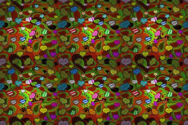 Arkaplan dokusu tasarımı için sanat. Kırmızı, turuncu ve yeşil renkli el çizimi çizimi. raster. Sevimli kalpleri, zarfları, karalamaları olan kusursuz bir aşk modeli..