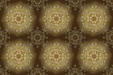 Sarı, bej ve kahverengi renkte desenler. Kına dövmeli süs çiçekleri, altın çıkartmalar, mehndi ve yoga tasarımı, kartlar ve parmak izleri. Raster Golden Mehndi kusursuz desen.