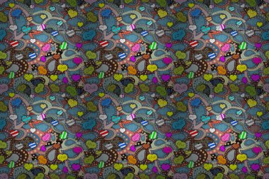 Sevgililer Günü. Kız, tekstil, kıyafet ve ambalaj kağıtları için arka planda tekrarlanan aşk. Siyah, gri ve mavi renklerdeki kalp elementlerini çiz. Romantik, kusursuz. raster illüstrasyonu.