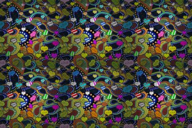 Vektör çizimi. Paketleme şablonu, gizleme. Siyah, mavi ve yeşil renkte elementler. Tipografi harfleri posteri. Sevgililer Günü. Kusursuz Kalpler deseni.