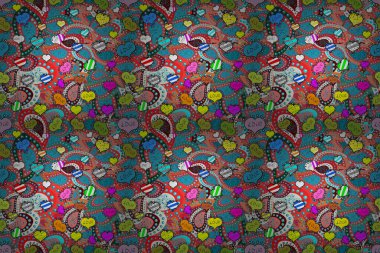 Kalpli kusursuz Raster deseni. Ambalaj, dekor, yüzey, kartlar, arka planlar, tekstil, baskı için şablon. Mavi, siyah, kırmızı renklere eskiz stili çiziyorum. El çizimi sembollü arkaplan.