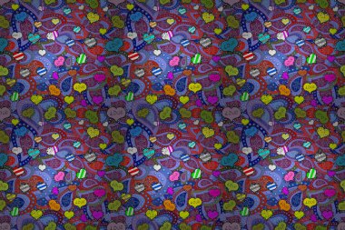 Mavi, mor ve kırmızı desenli lekeler kalp şekilleri arka planda mavi, mor ve kırmızı elementlerle izole edilmiş nesneler..