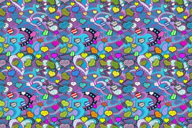 Kusursuz kalp deseni. Doku tekerrür ediyor. Şirin morumsu, mor ve mavi renkli elementler. Sevgililer Günü kartının arkaplansız arka plan şablonu.