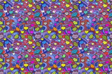 Kırmızı, mavi ve mor renklerin grafikleri. Çizgi film tarzında el çizimi çizimi. Kaligrafi yazıları, kalpler ve zarflarla kusursuz bir aşk kalıbı. Ağ, tekstil, kumaş sanatı.