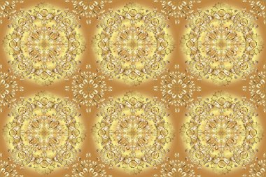 Geleneksel Arap dekoru bej ve sarı renklerde. Doğu tarzında klasik tasarım öğesi. Duvar kâğıdı için altın süslü bir illüstrasyon. Çiçek süsü ile kusursuz desen. Süslü dantel iz sürücü.