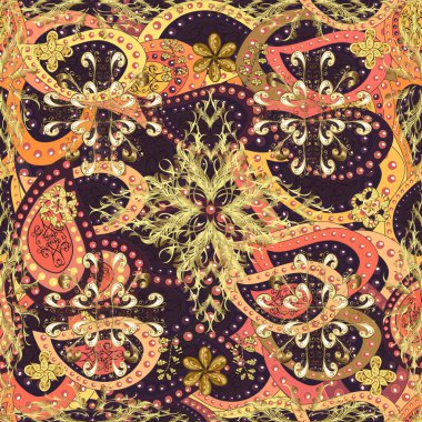 Sarı, mor ve kahverengi renklerde altın desenli altın elementler. Geleneksel vektör yön süsü. Kusursuz klasik altın desen.