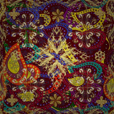 Kusursuz kraliyet lüksü, altın barok kumaş rengi. Altın antika ortaçağ dekoratifi, yaprakları ve altın desenli kahverengi, sarı ve kırmızı renkte süslemeleri olan vektörsüz desenler..