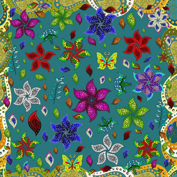 Zachte Lente Bloemen Blauwe Zwarte Groene Kleuren Bloemen Patroon Doodle — Stockfoto