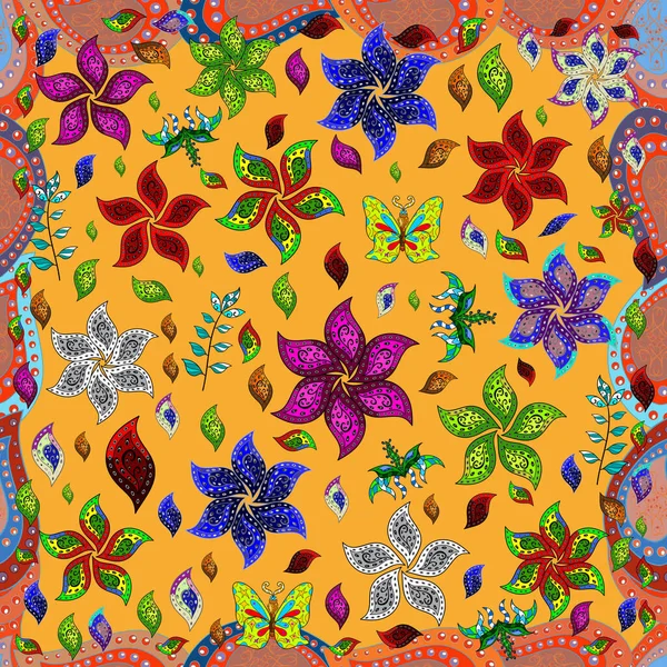 Плоский Цветочный Дизайн Акварель Elegant Flowers Синем Желтом Оранжевом Цветах — стоковое фото