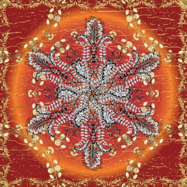 Yeşillik, hoş, dikişsiz desen. Kırmızı, turuncu ve beyaz yapraklı arka plan, güzel yapraklar, çiçekler, girdaplar, karmaşık güzel süsler. Klasik tarzda..