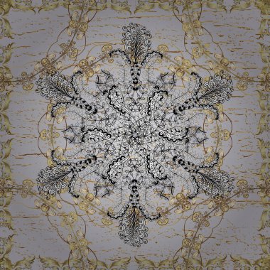 Barok tarzında kusursuz desen. Eski renkli desenler. Duvar kağıtları ve ambalaj için güzel bir desen. Zarif, Rococo tarzında narin. Gri, beyaz ve siyah renklerdeki desenler. Vektör.