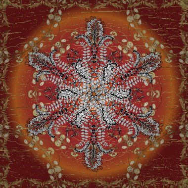 İzleme cihazı. Mehndi tasarımı. Etnik renkli karalama dokusu. Kıvrımlı karalama arka planı. Kırmızı, turuncu ve beyaz renkte desenler. Vektör illüstrasyonu.