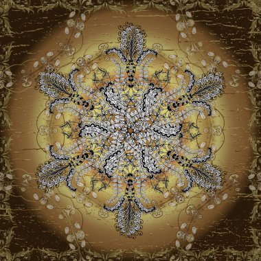 Kusursuz desen. Sevimli kıvırcık saçlar. Doğu tarzı arabesk. Parlak dantel, stilize çiçekler. Narin ve özgeçmişli bir açılış. Kahverengi, bej ve sarı renkli resimler. Vektör.