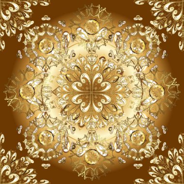 Kusursuz. Süslü Retro Barok dekorasyon elementi. Sarı, kahverengi, bej renkli bir resim. Posterler, Pankartlar, Davetiyeler, Sancaklar için klasik tarz tasarım koleksiyonu.