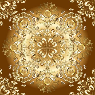 Arabesk ve çiçek elementleriyle doğulu güzel desenler. Arabesk ile klasik model. Vektör. Geleneksel klasik süs. Kusursuz. Bej, kahverengi ve sarı renkli resimler.